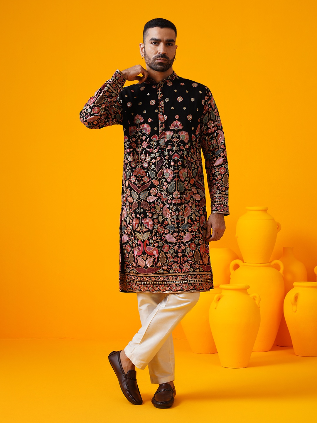 

SOJANYA LUXE Floral Embroidered Mandarin Collar Georgette Straight Kurta With Trouser, Coral