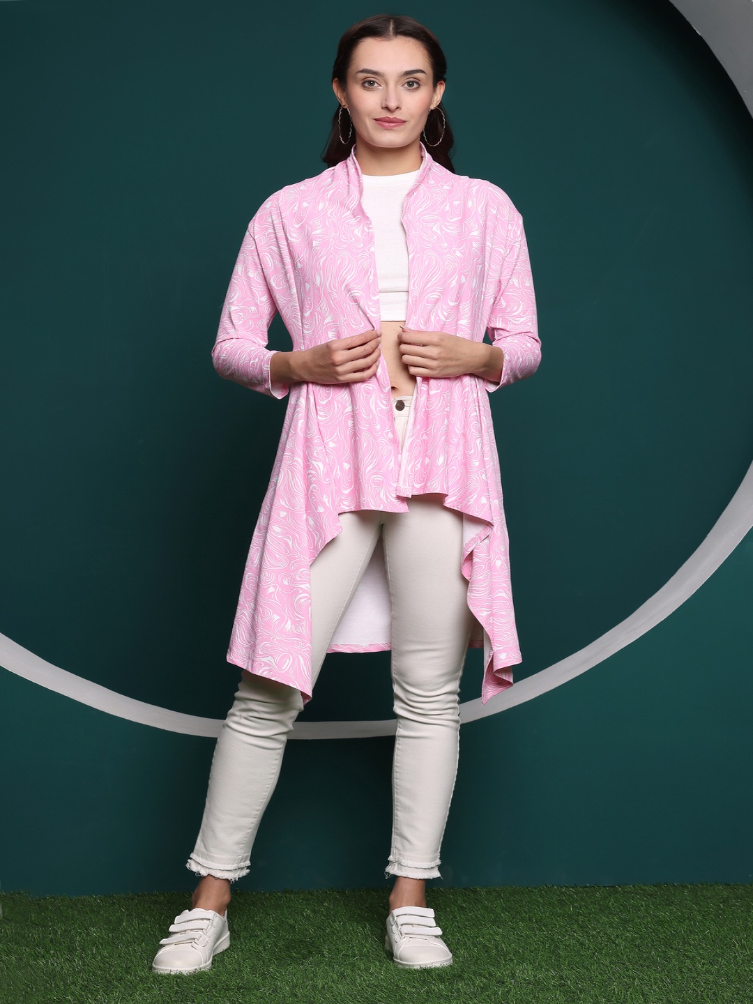 

Zicada Printed Longline High-Low Open Front Shrug, Pink