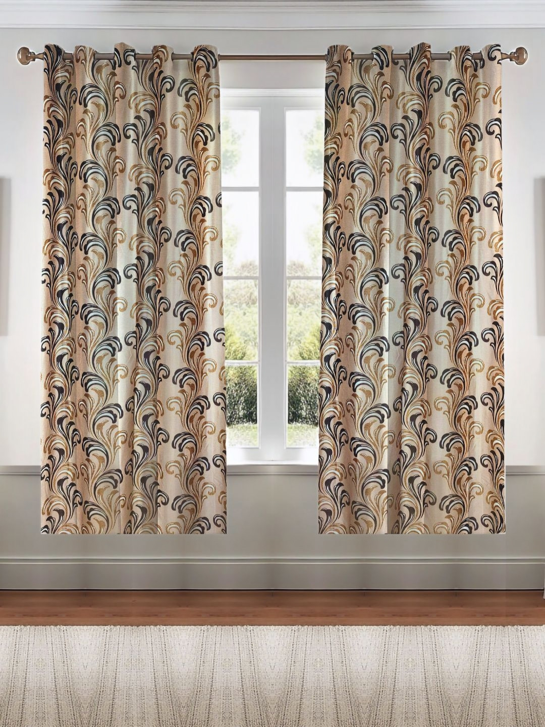 

Kanodia Poly Fab Gold-Toned & Black Set of 2 Ethnic Motifs Room Darkening Window Curtain