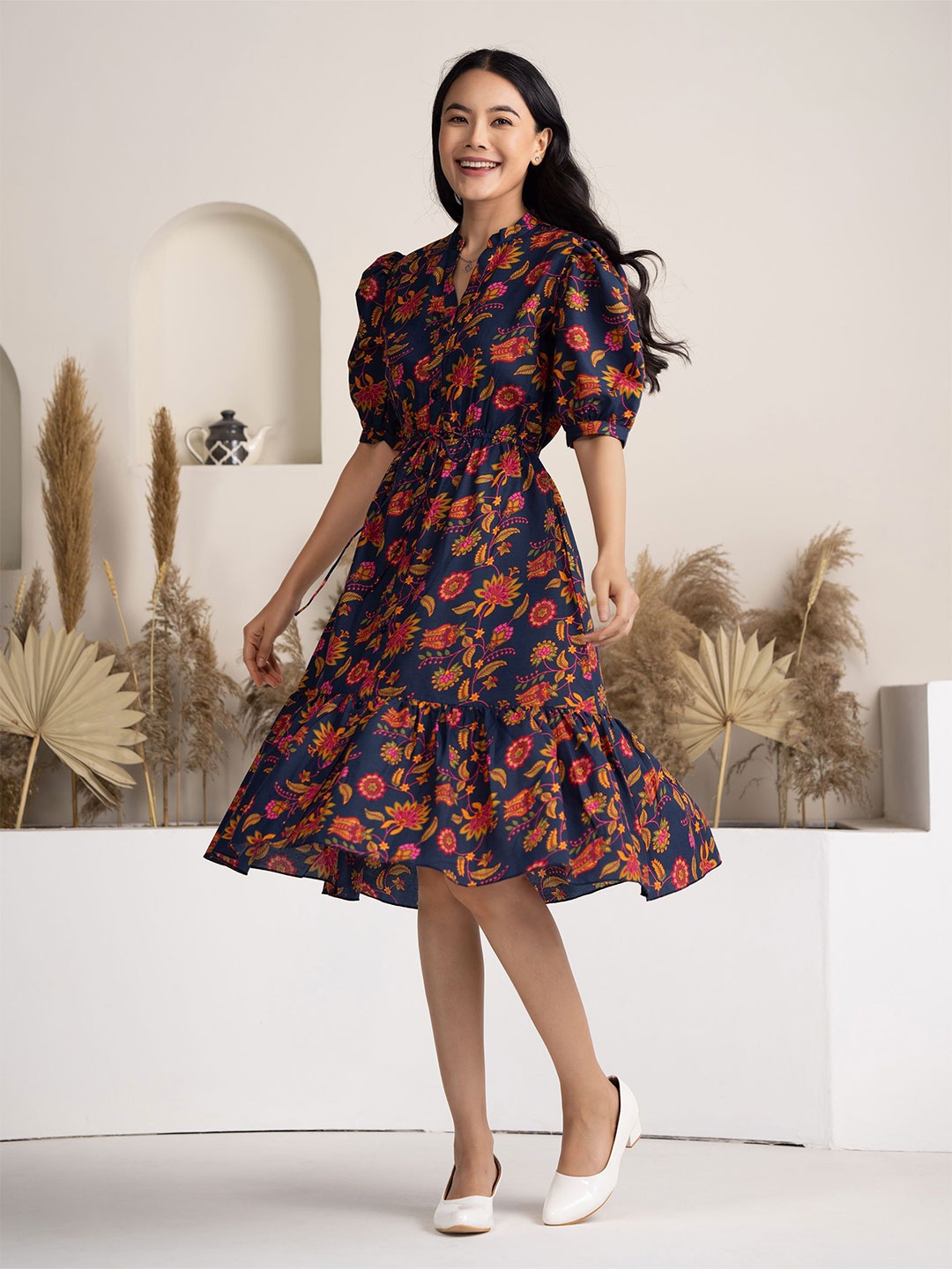 

DressBerry Women Floral Printed Mandarin Collar Puff Sleeve Fit & Flare Dress, Navy blue