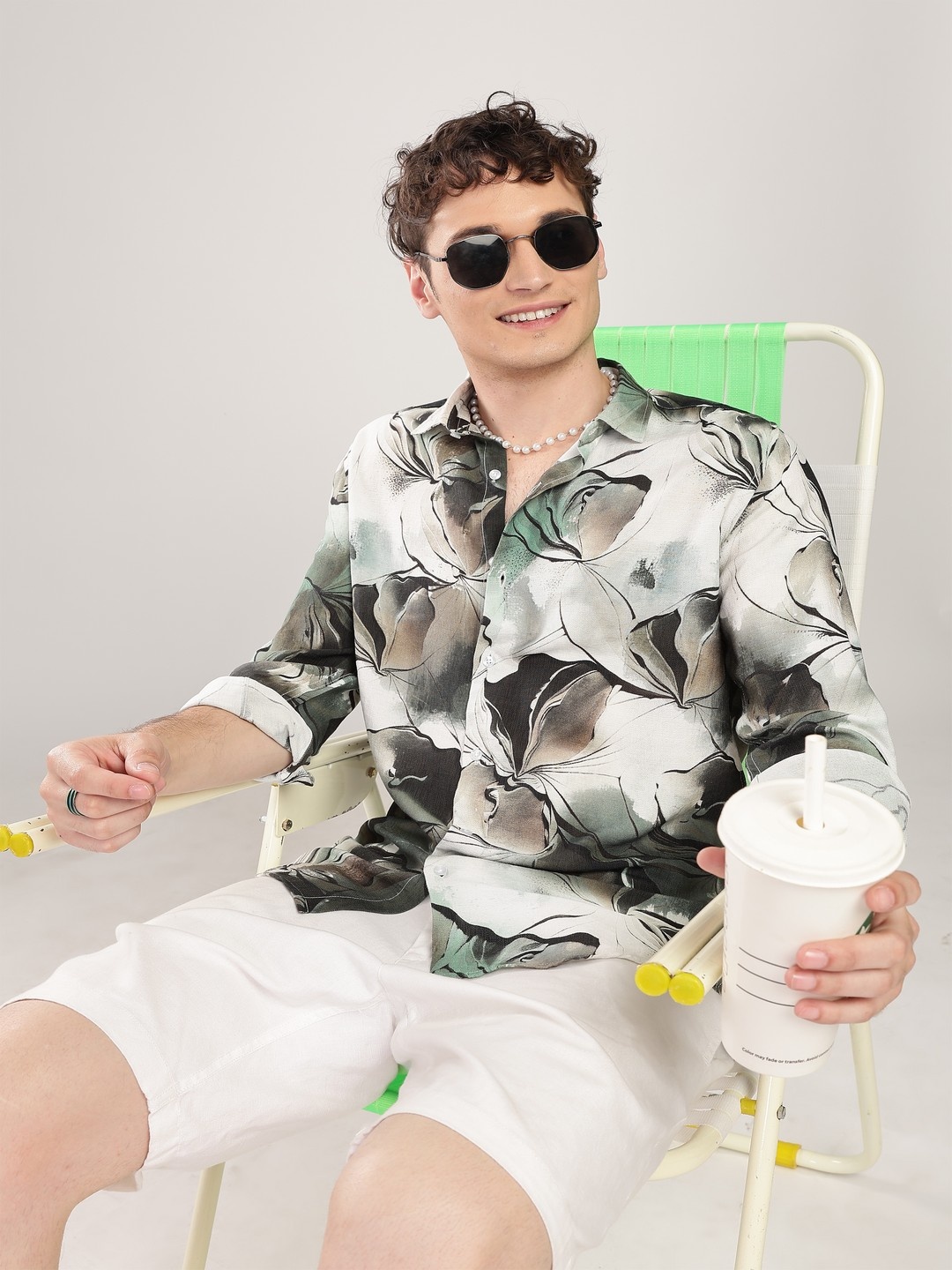 

NEVER NEUD Men Comfort Fit Spread Collar Abstract Printed Casual Shirt, White