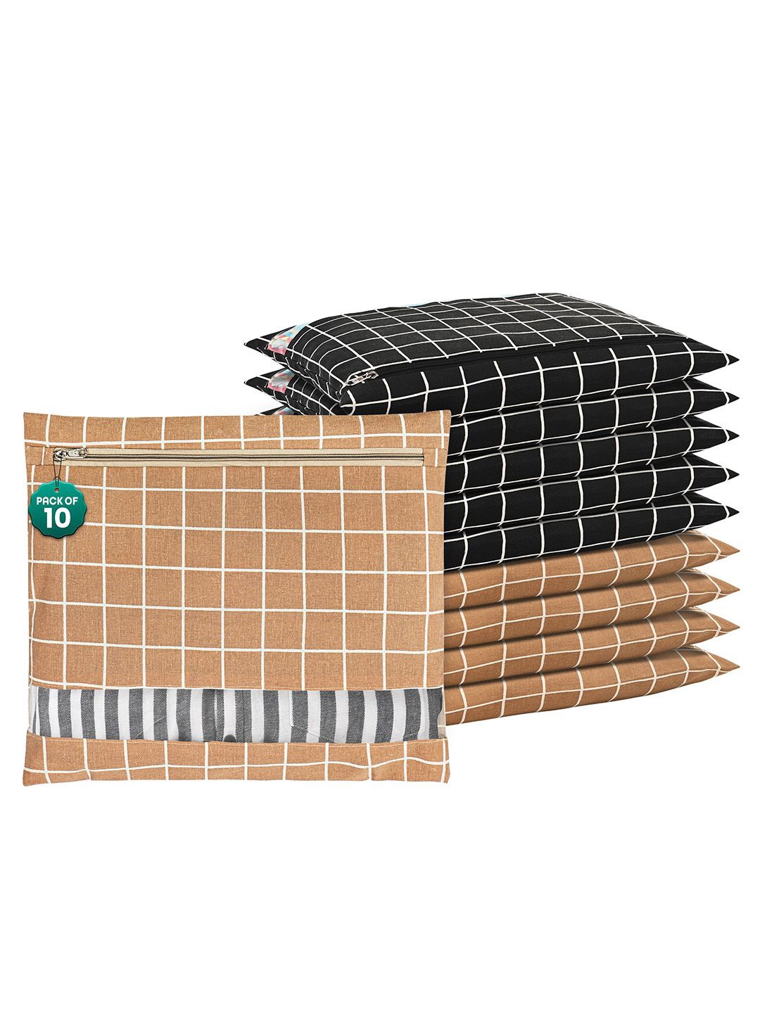 

Kuber Industries Brown & Black 10 Pieces Checked Cotton Regular Saree Organisers