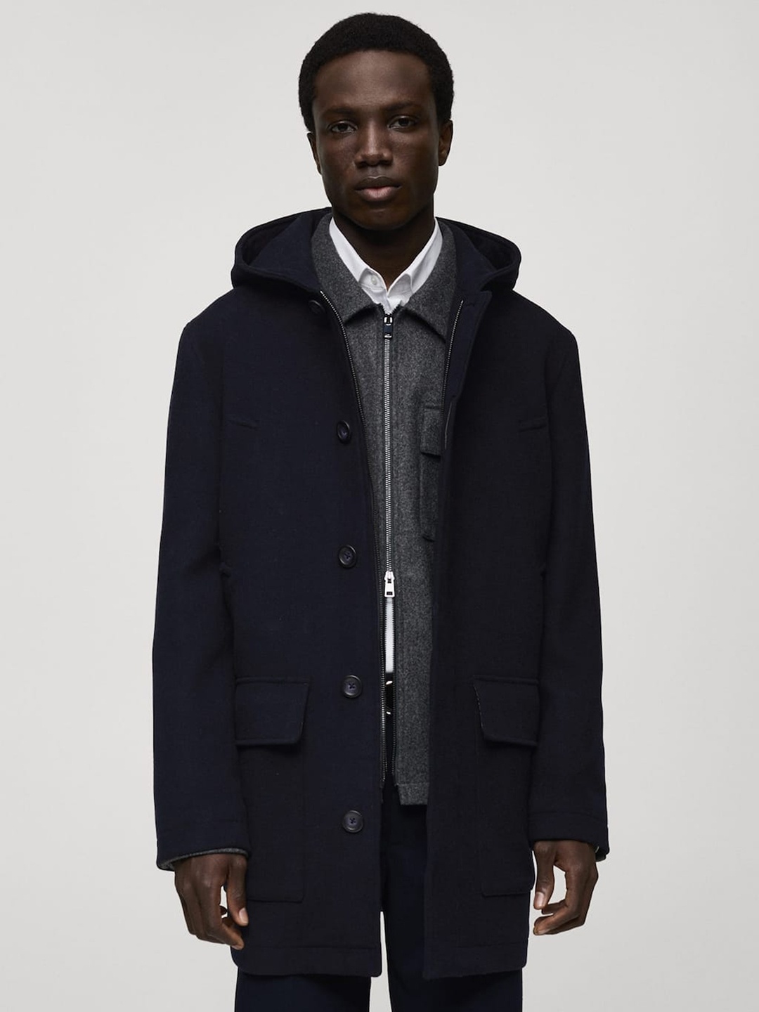 

MANGO MAN Hooded Overcoat, Navy blue