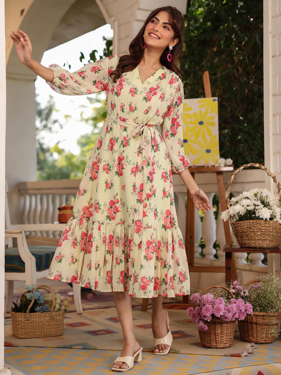 

Janasya Floral Printed Fit & Flare Dress, Yellow