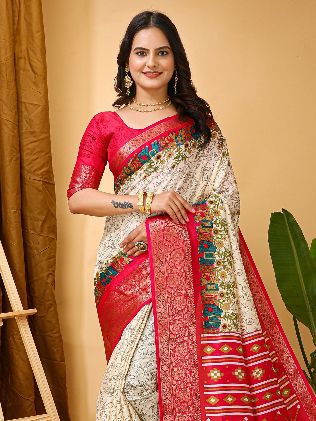

Anouk Rustic Kalamkari Zari Silk Blend Sungudi Saree, Cream