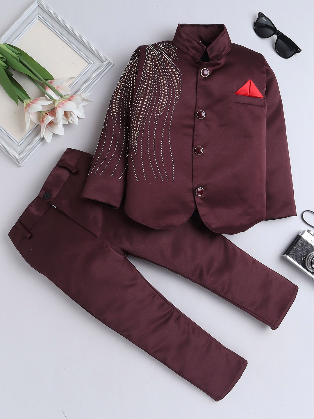 

FOURFOLDS Boys 2-Piece Mandarin Collar Embroidered Suit, Burgundy