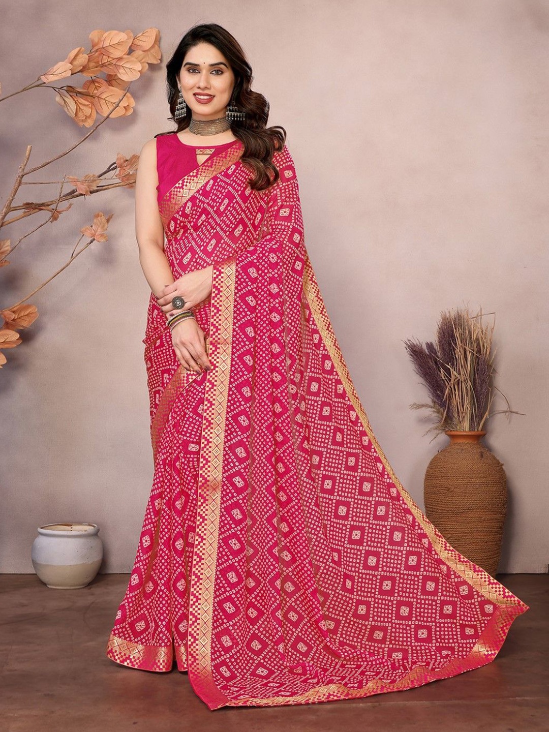 

KALINI Bandhani Poly Georgette Bandhani Saree, Pink