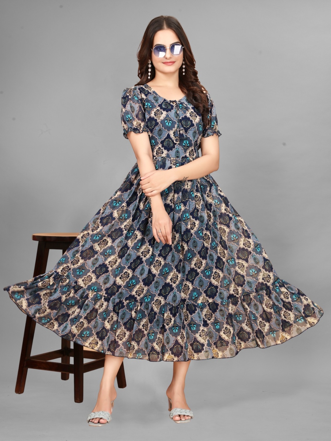 

BAESD Floral Print Keyhole Neck Puff Sleeve Ruffled Georgette Fit & Flare Maxi Dress, Blue