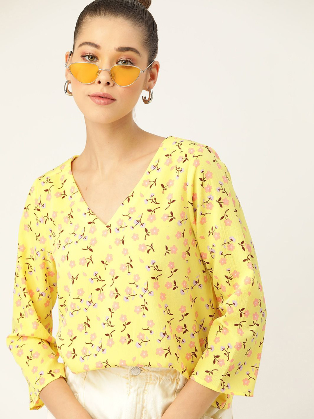 

DressBerry Women Floral Printed Crepe Styled Back Top, Yellow