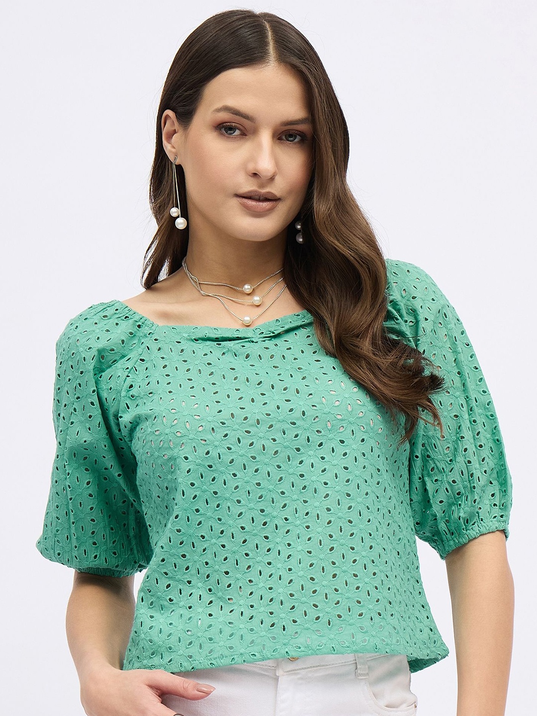 

DressBerry Cotton Schiffli Crop Top, Green