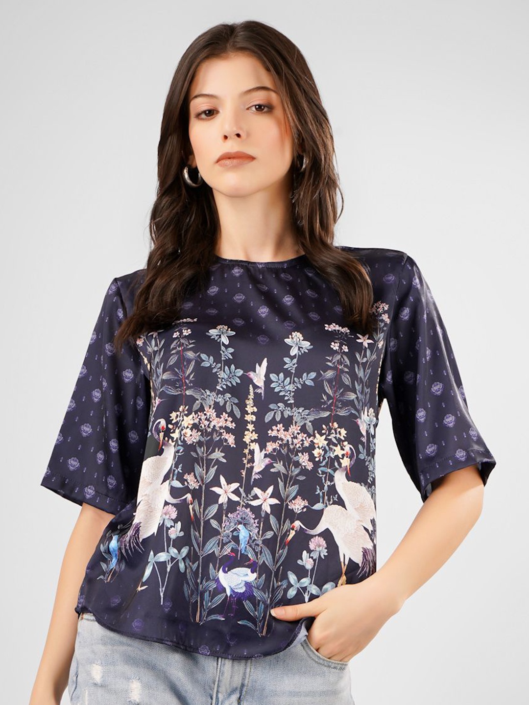

Sukshat Floral Print Keyhole Neck Satin Top, Navy blue