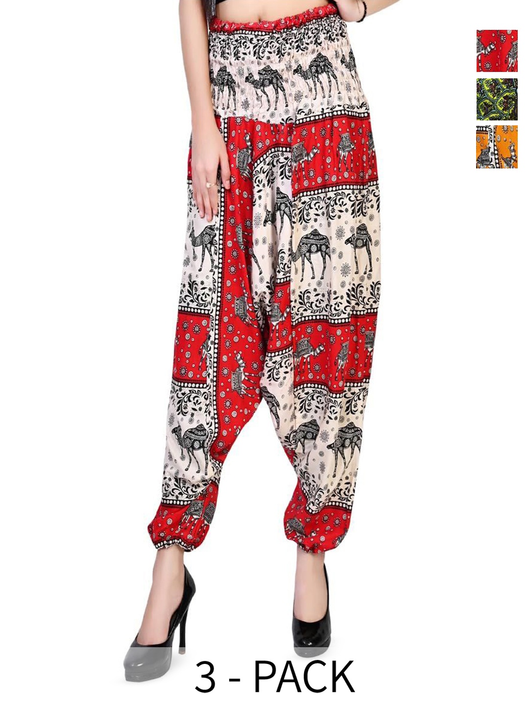 

NarNari Women Pack Of 3 Printed Harem Pants, Red