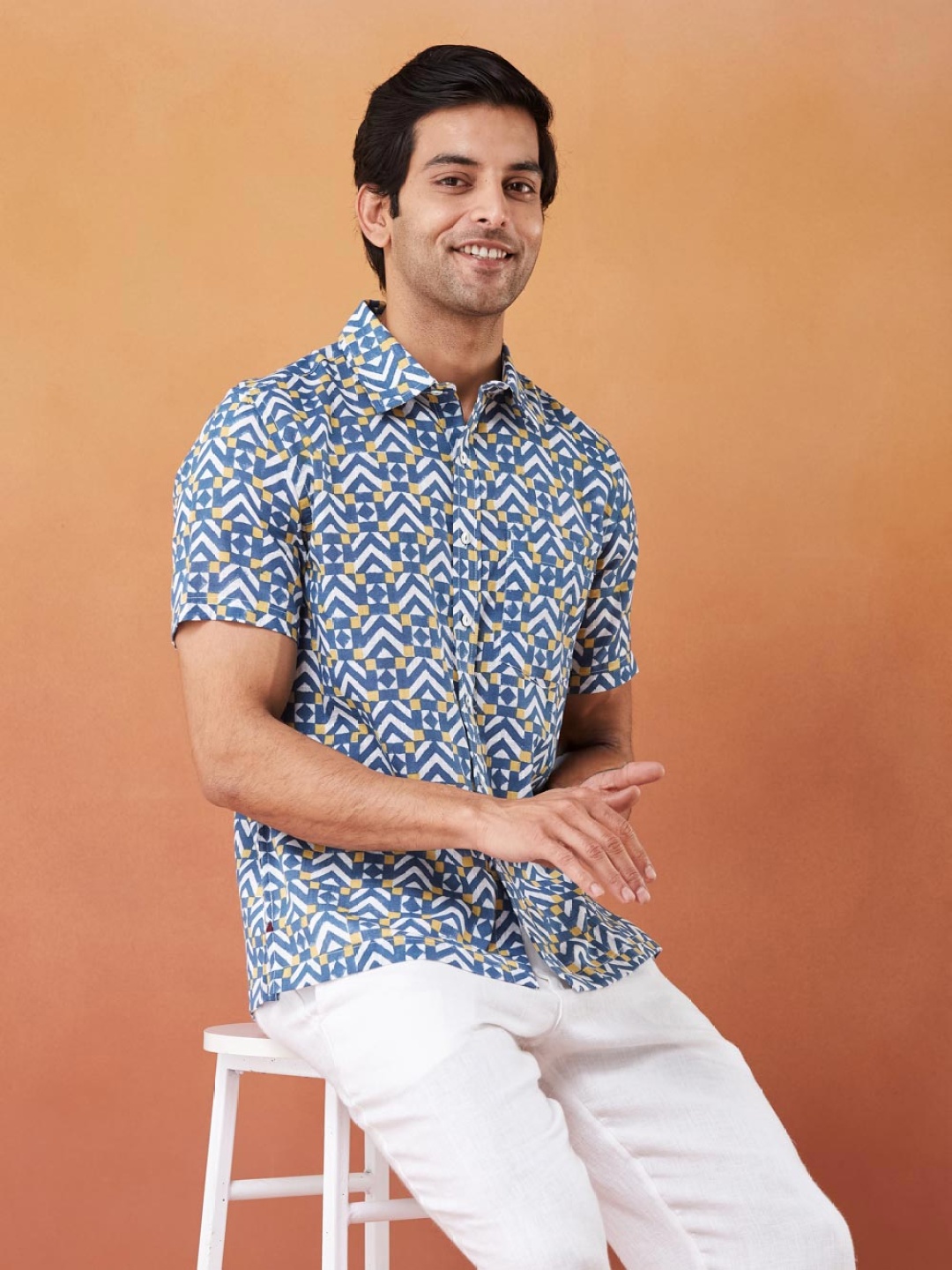 

Fabindia Women Spread Collar Geometric Printed Cotton Casual Shirt, Blue