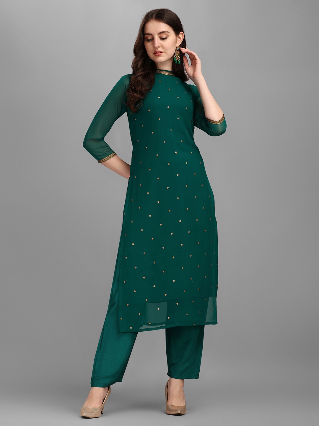 

Fourleaf Women Embroidered Regular Sequinned Kurta with Trousers, Green