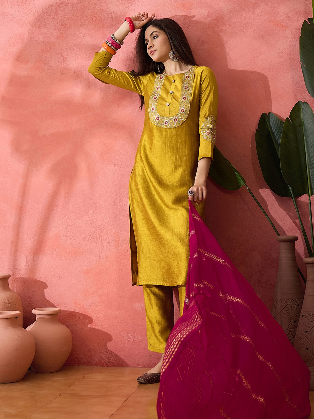 

Sangria Yellow Zari Embroidered Straight Kurta With Trouser And Dupatta, Mustard