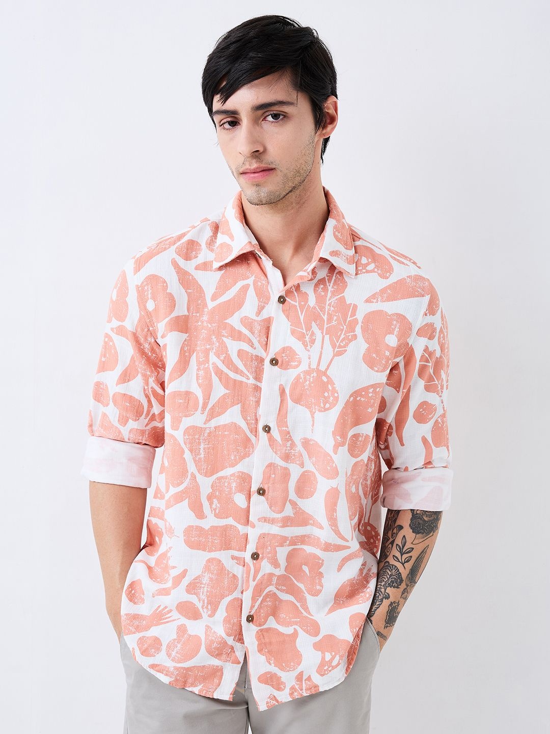 

SPYKAR Men Slim Fit Spread Collar Floral Printed Cotton Casual Shirt, White