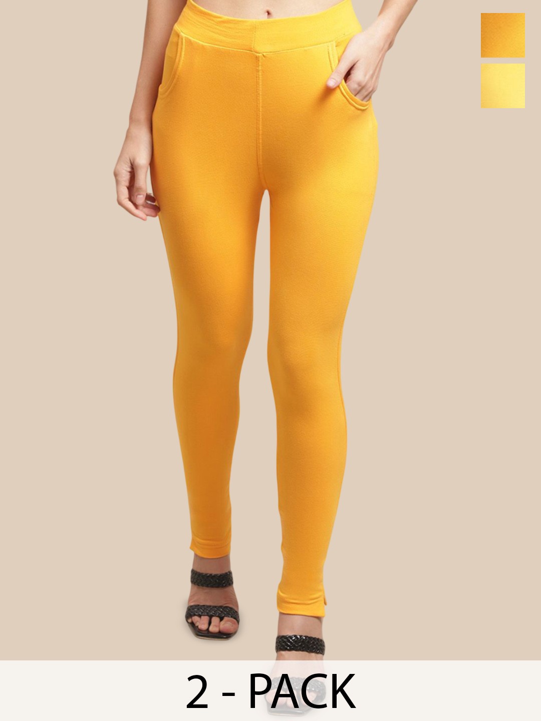 

Valles365 by S.C. Women Pack Of 2 Cotton Ankle-Length Leggings with Pocket, Yellow