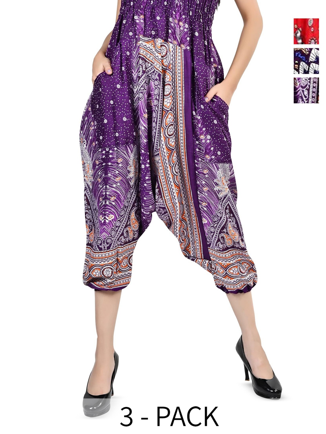 

NarNari Women Pack Of 3 Printed Mid-Rise Harem Pants, Purple