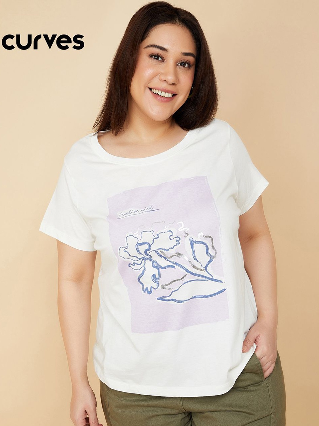 

Max Women Plus Size Typography Printed Extended Sleeves Pockets T-Shirt, Beige