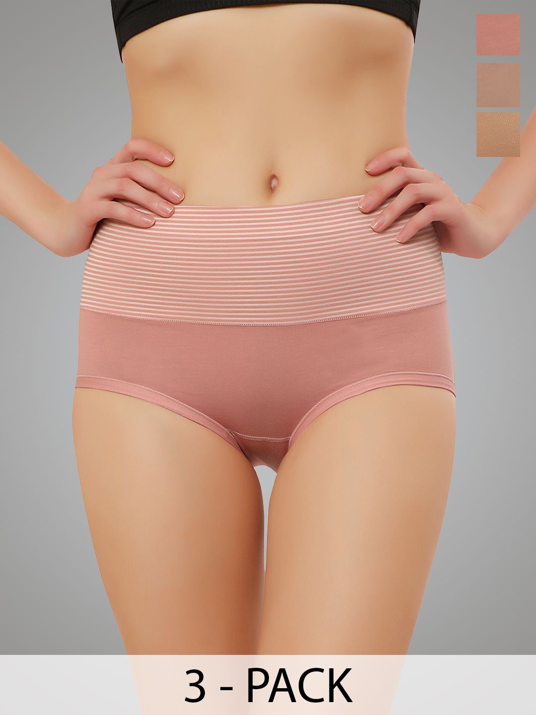 

Bella Voste Pack Of 3 Striped Hipster Briefs PT-803-Pink-Beige-Brown-M