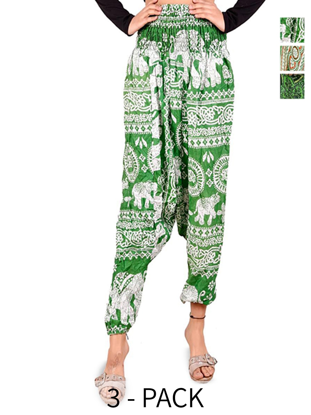 

NarNari Women Pack Of 3 Printed Mid-Rise Harem Pants, Green