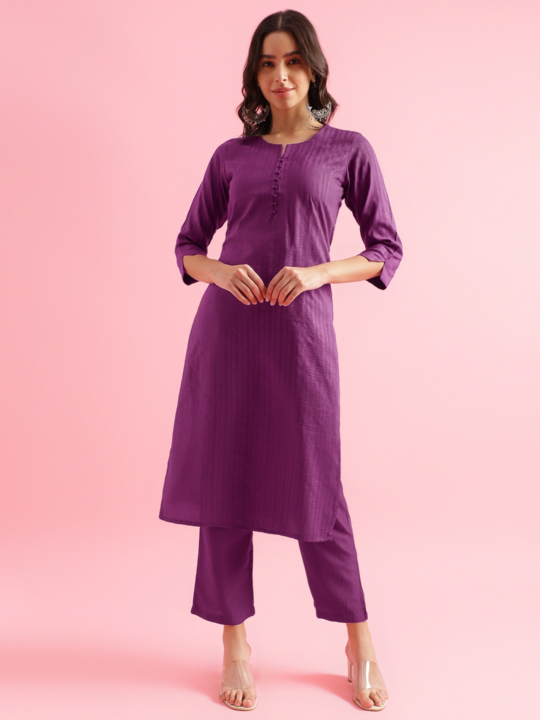 

Fourleaf Women Striped Regular Thread Work Kurta with Trousers, Purple