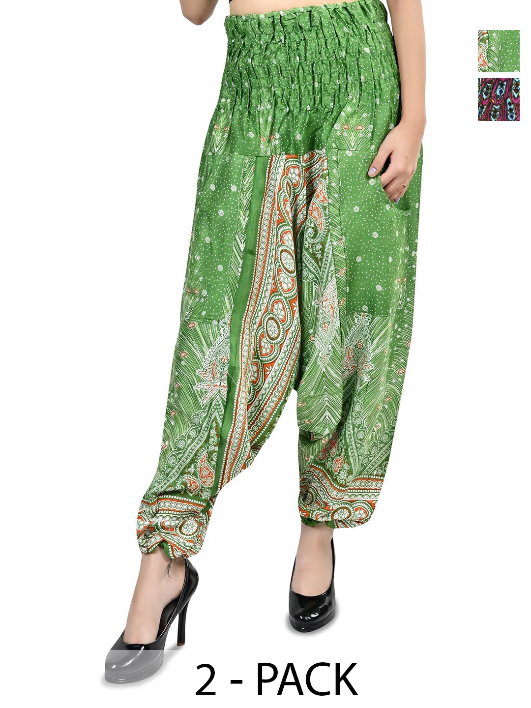 

NarNari Women Pack Of 2 Printed Mid-Rise Harem Pants, Green