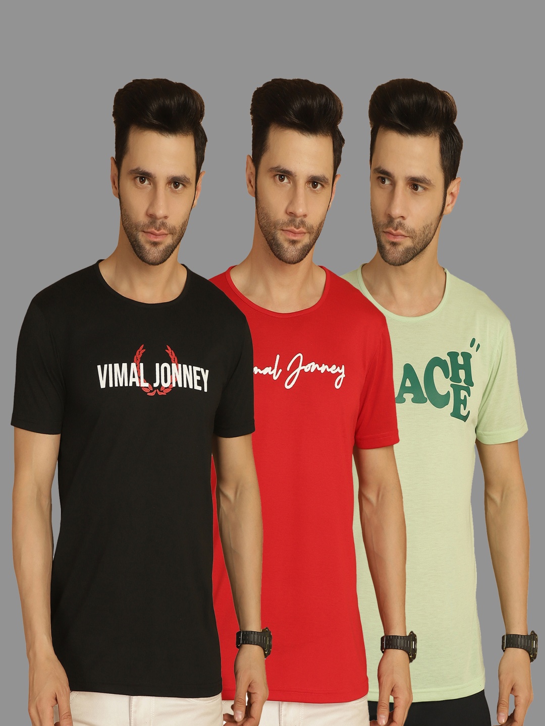 

VIMAL JONNEY Men Pack Of 3 Typography Printed Round Neck Cotton T-shirts, Red