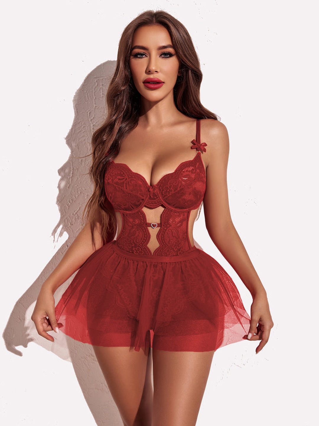 

FIMBUL Shoulder Straps Net Baby Doll, Maroon