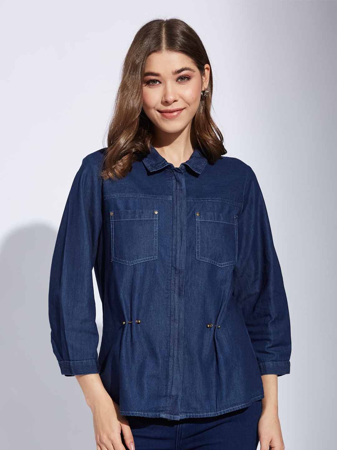 

Latin Quarters Women Spread Collar Solid Cotton Casual Shirt, Blue