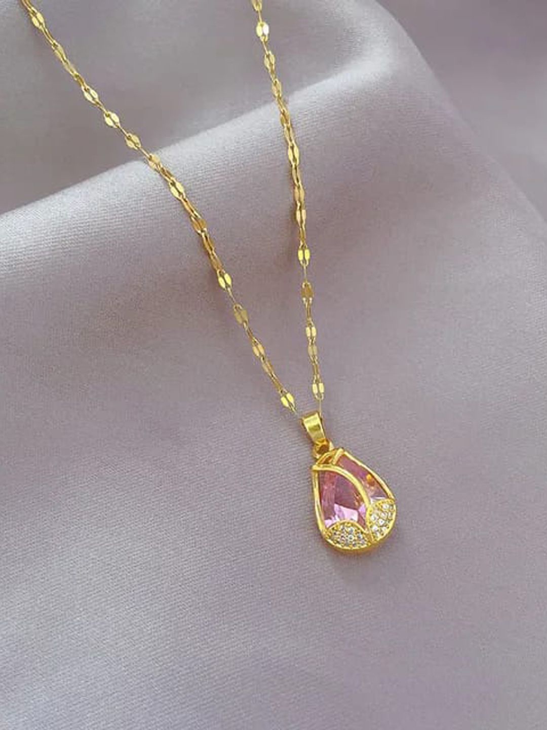 

BEYTER Stainless Steel Cubic Zirconia Stone Studded Oval Shaped Pendant With Chain, Gold