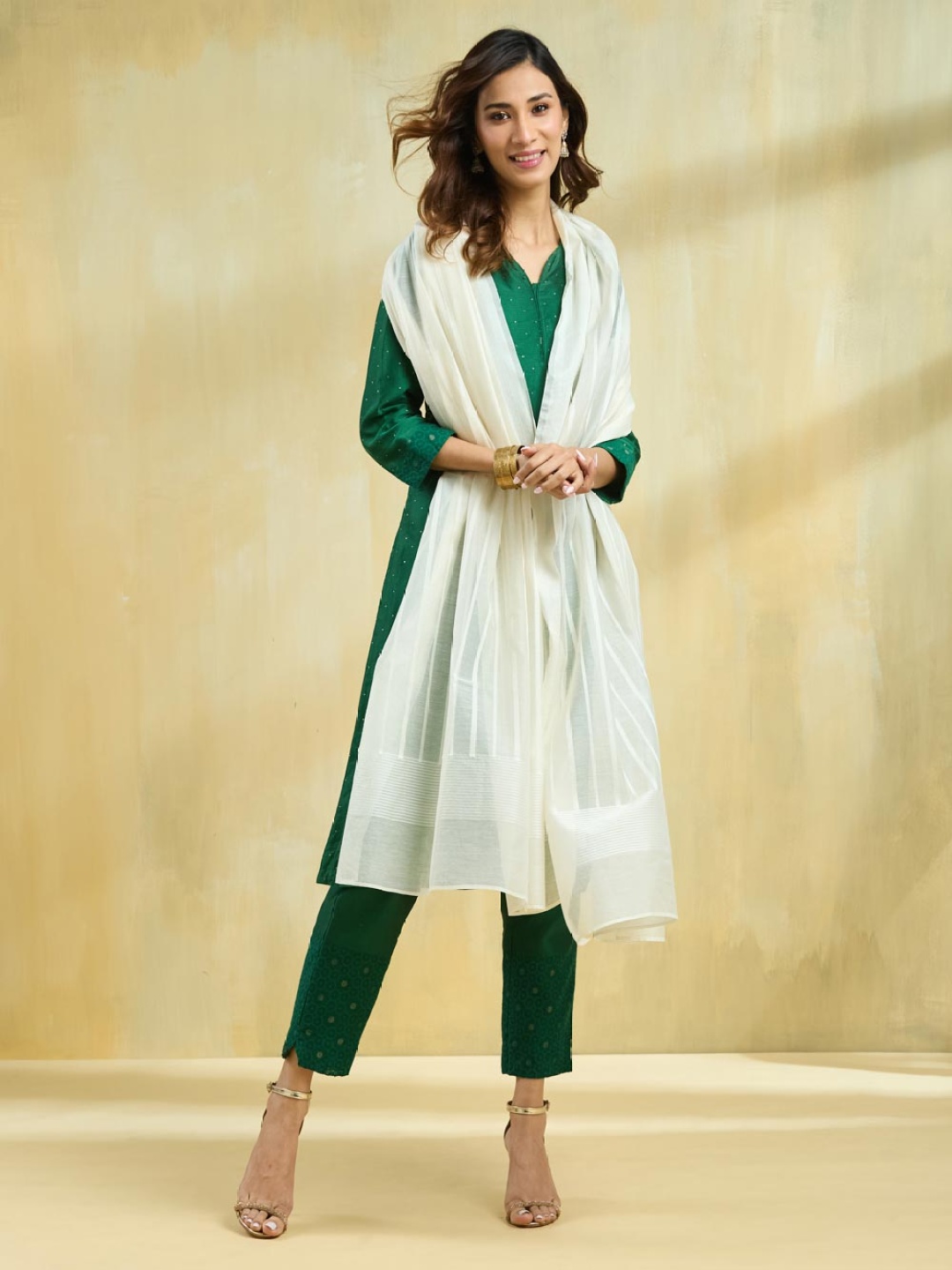 

Fabindia Striped Cotton Silk Dupatta, Off white