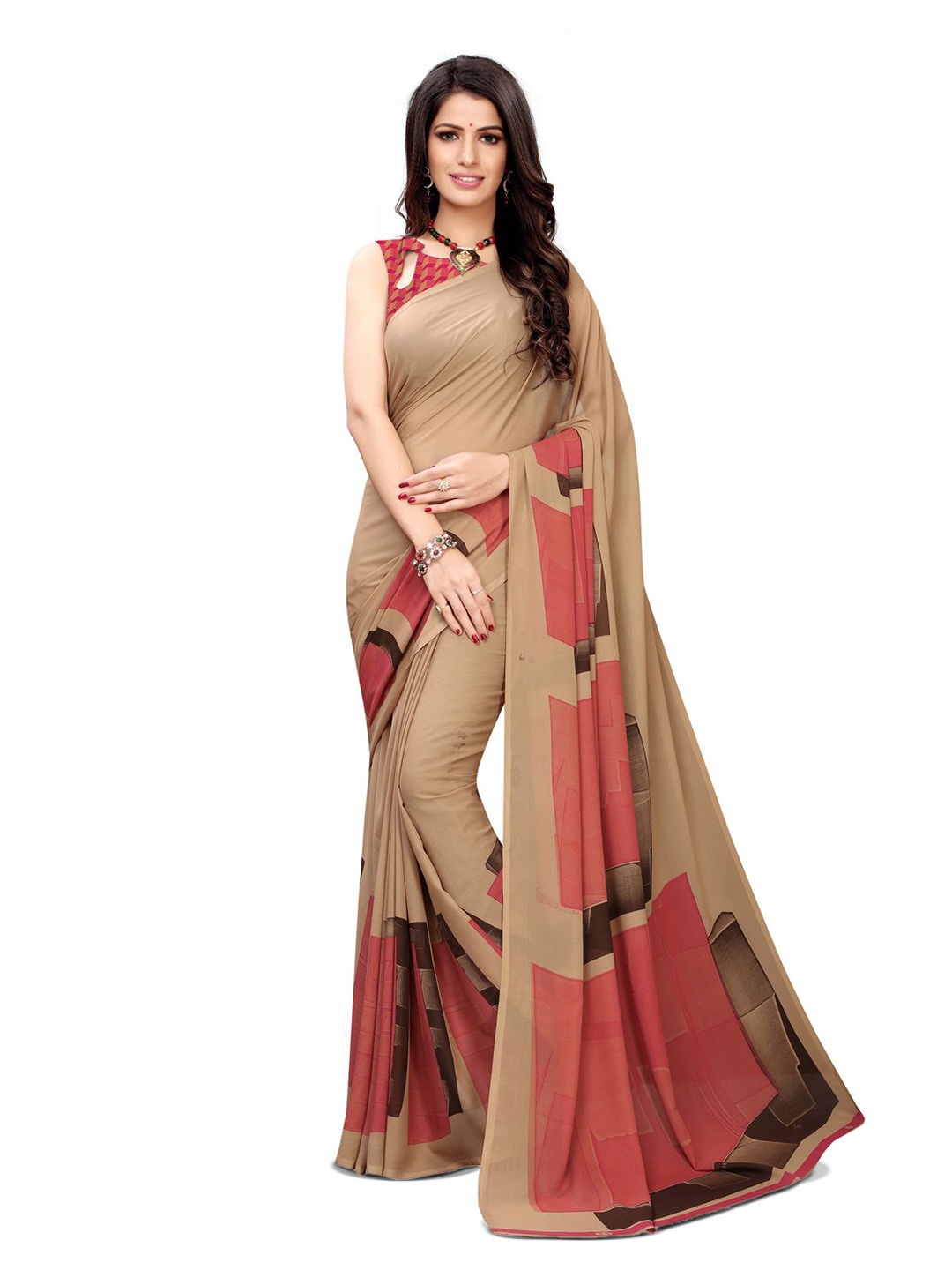 

HERE&NOW Poly Georgette Saree, Beige