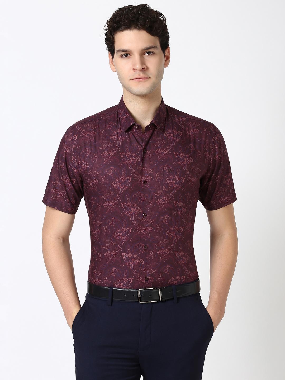 

Peter England Men Spread Collar Floral Printed Cotton Formal Shirt, Maroon