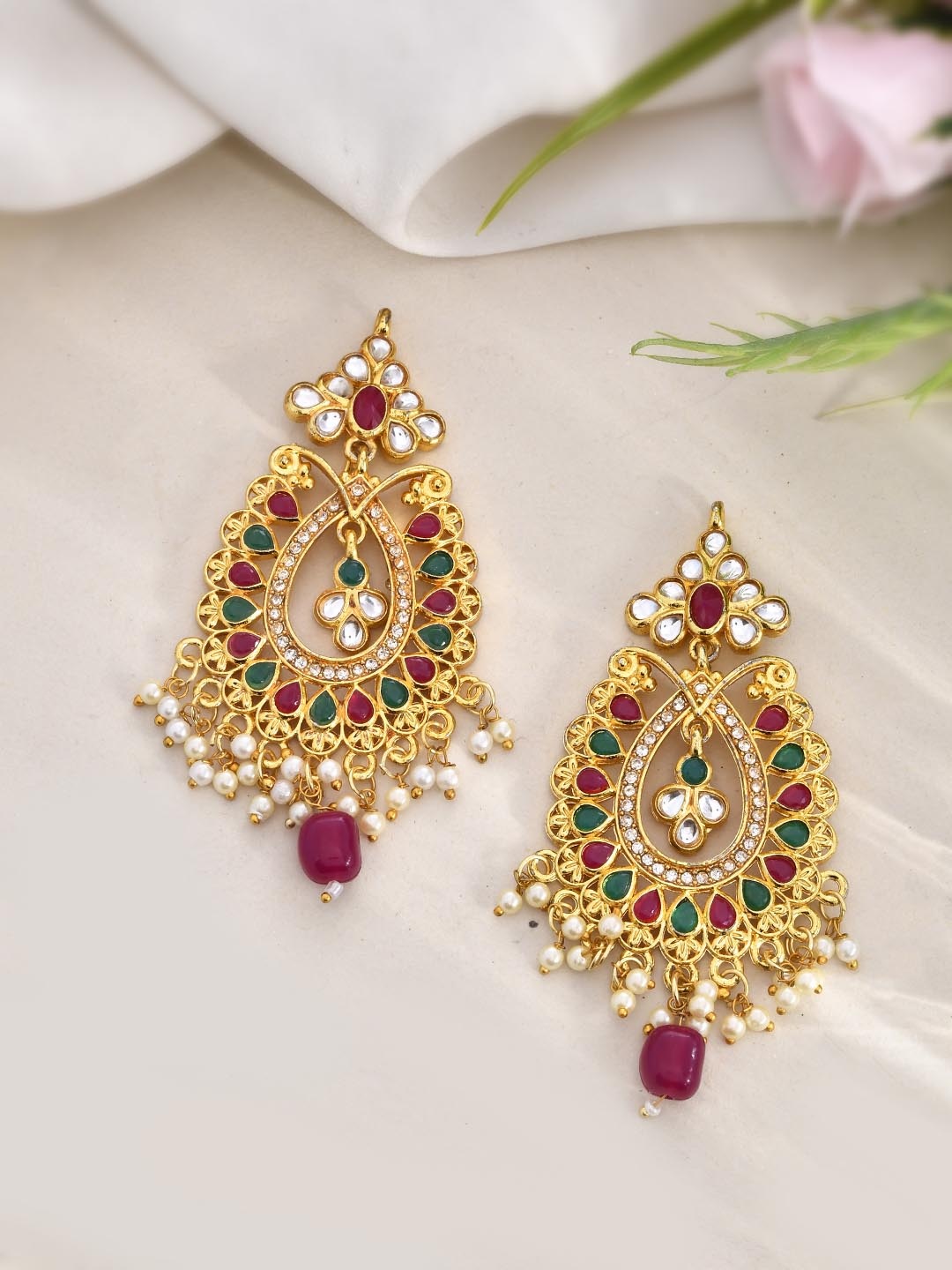 

Silvermerc Designs Gold-Plated Kundan Studded & Peals Contemporary Drop Earrings