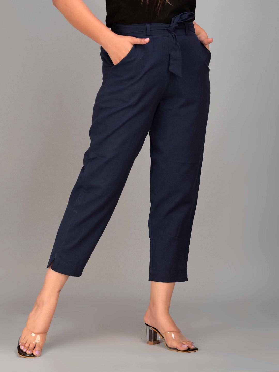 

VYMO Women Mid-Rise Straight Fit Easy Wash Trouser, Navy blue