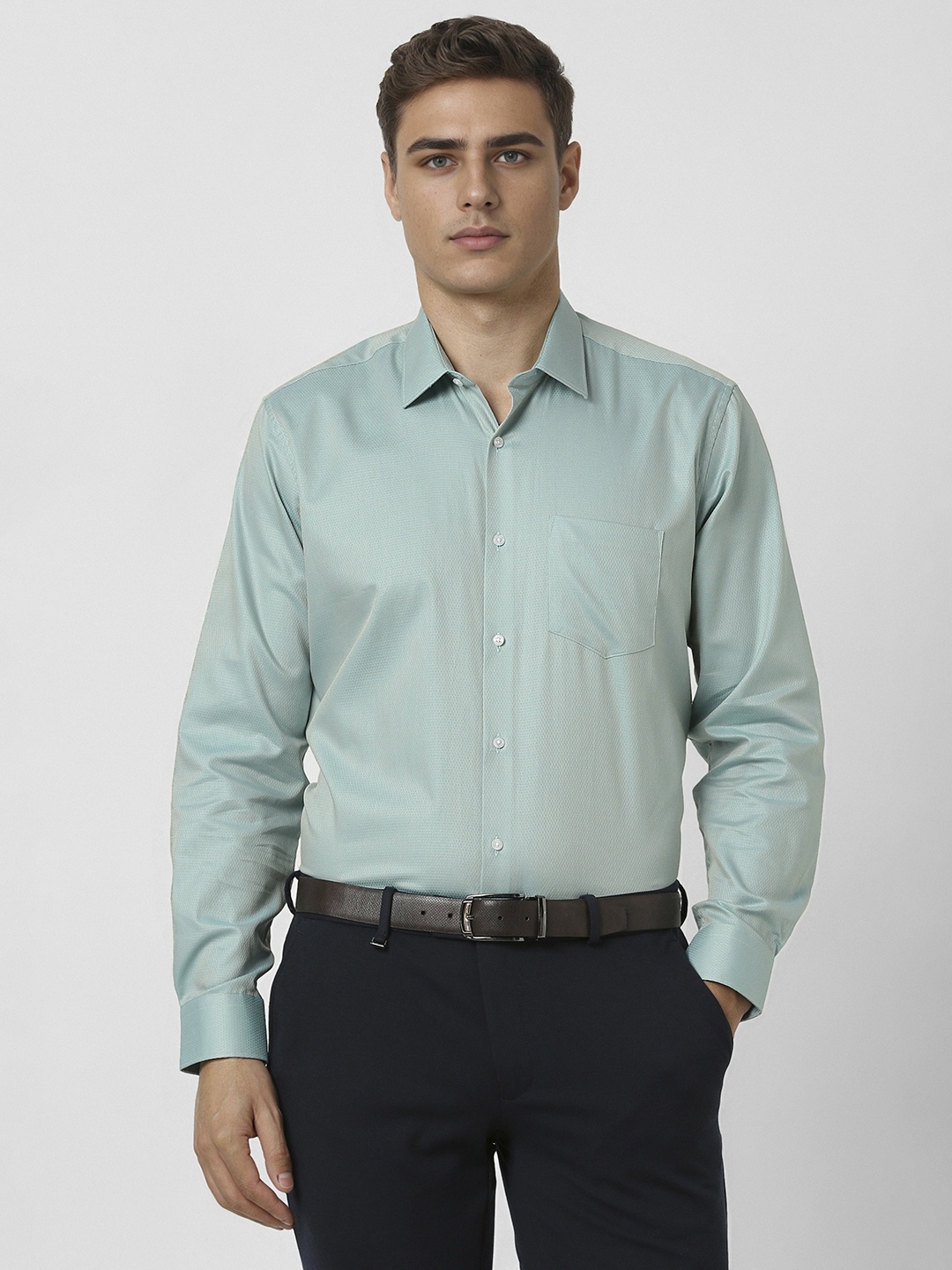 

Van Heusen Men Spread Collar Textured Cotton Formal Shirt, Green
