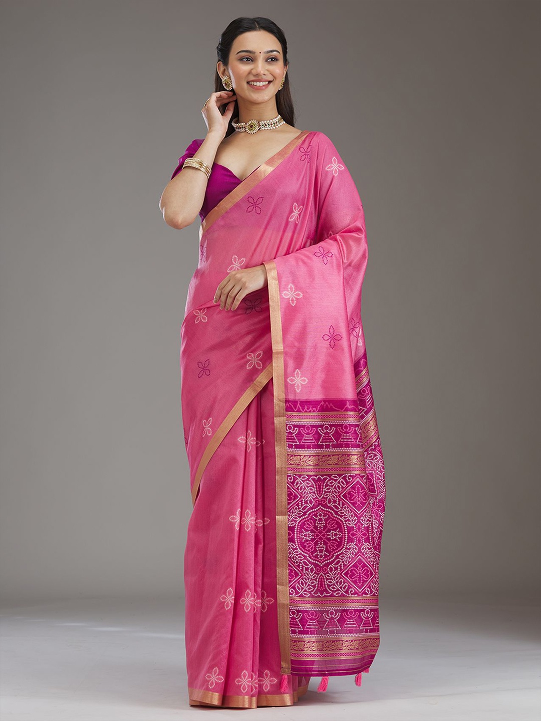 

Koskii Pink Zariwork Tissue Saree