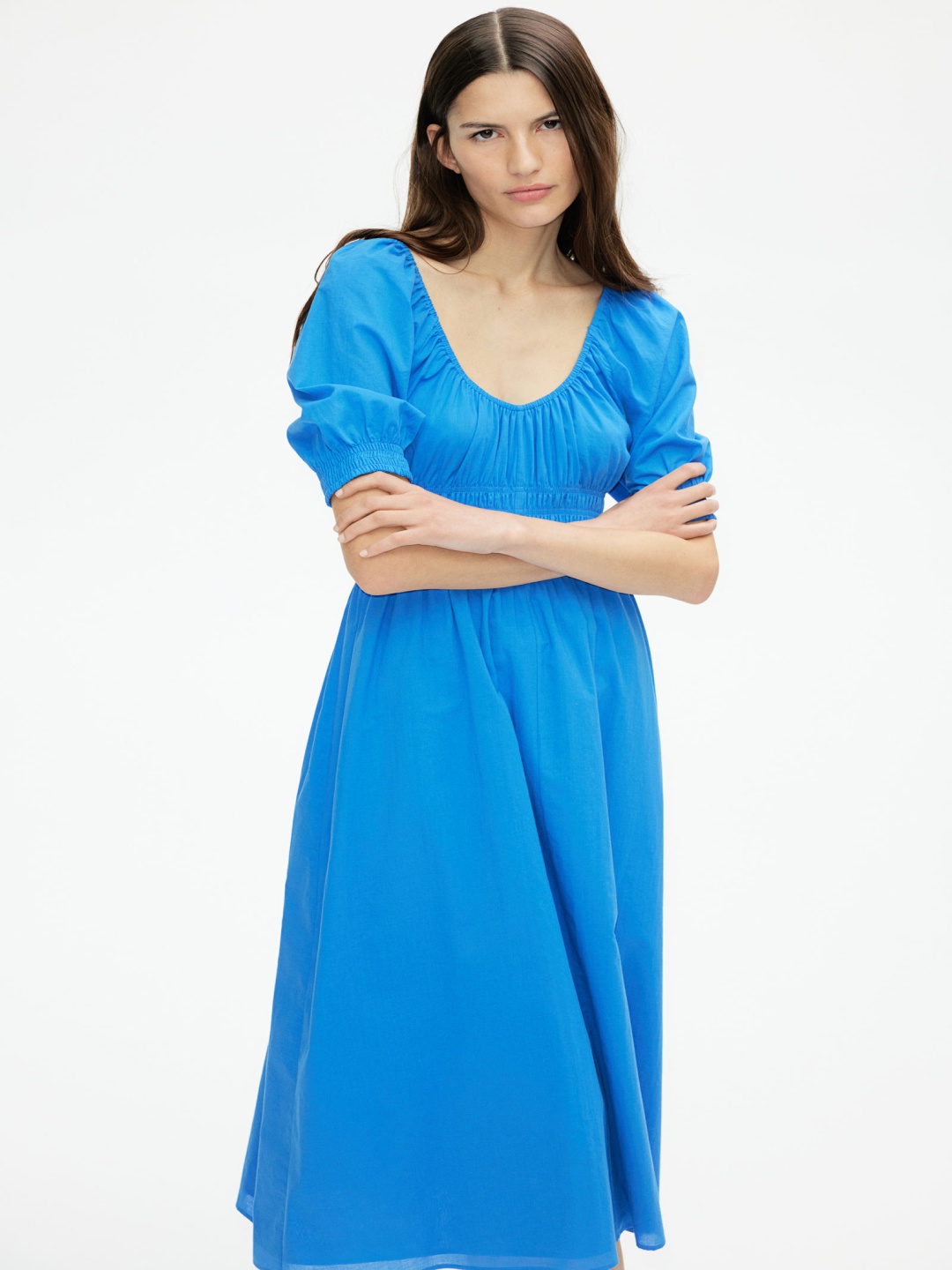 

H&M Women Smocked-Waist Cotton Dress, Blue