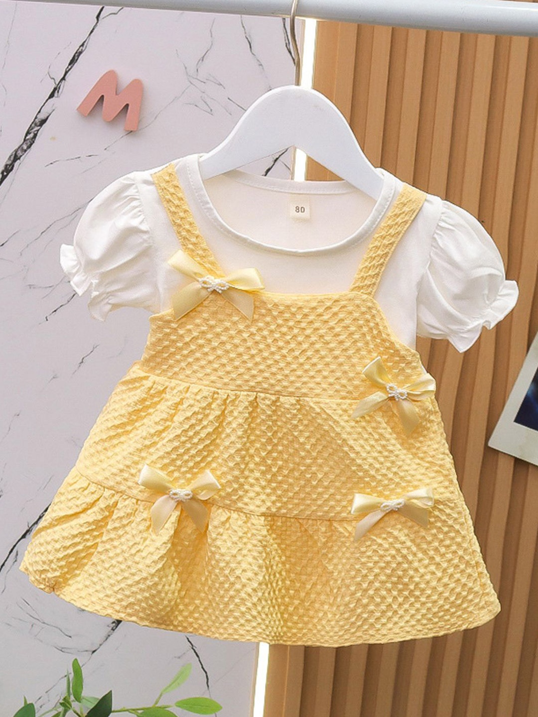 

YK Girls Self Design Pinafore Dress, Yellow