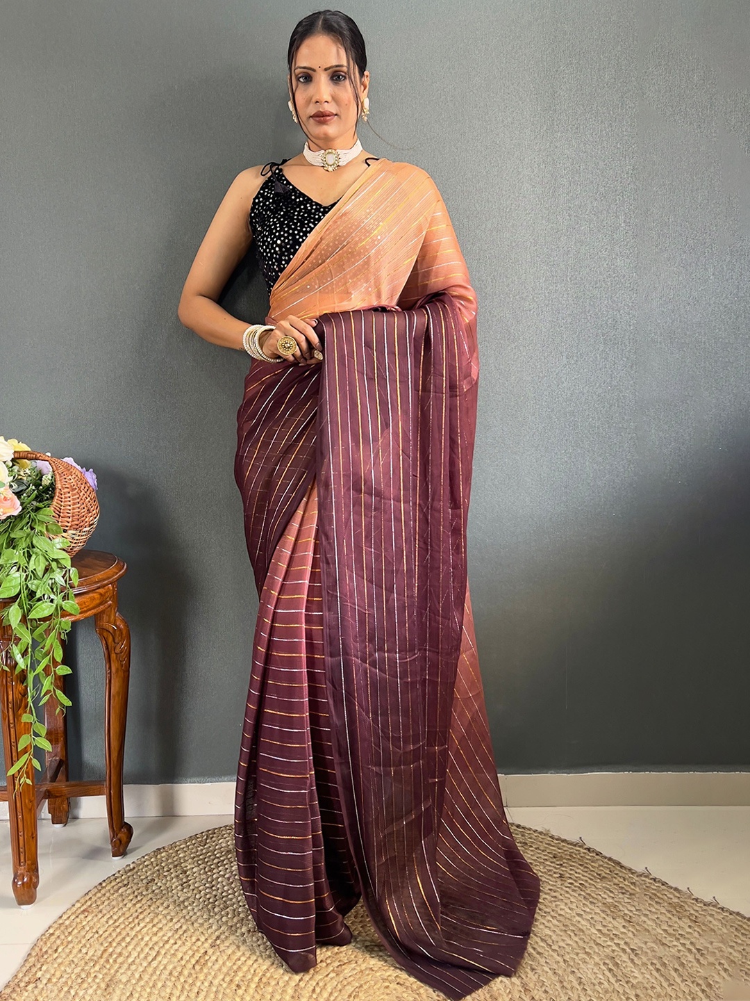 

Moda Rapido Striped Pure Georgette Saree, Peach