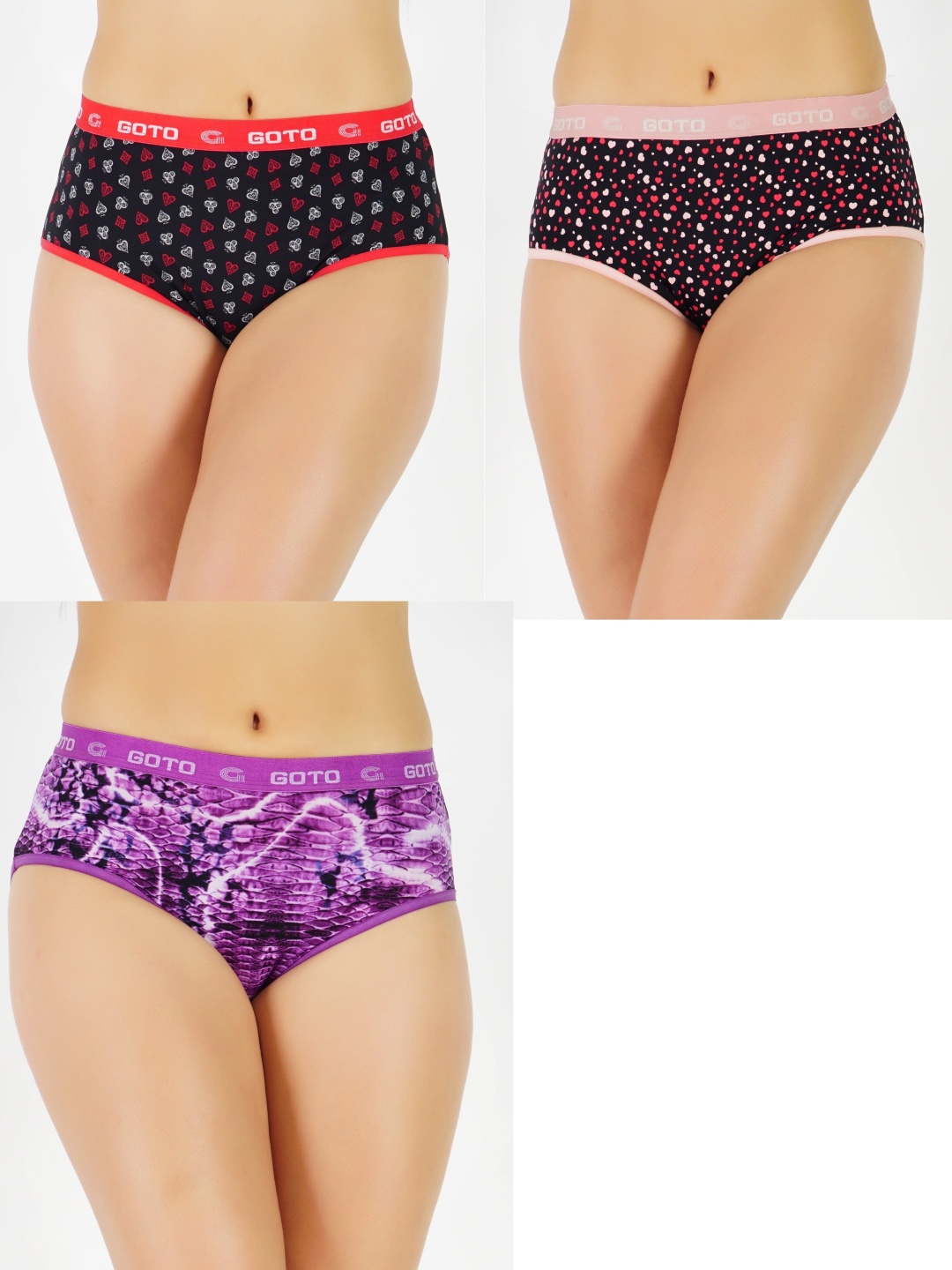 

GOTO Women 3-Pcs Abstract Printed Mid-Rise Bikini Briefs, Black