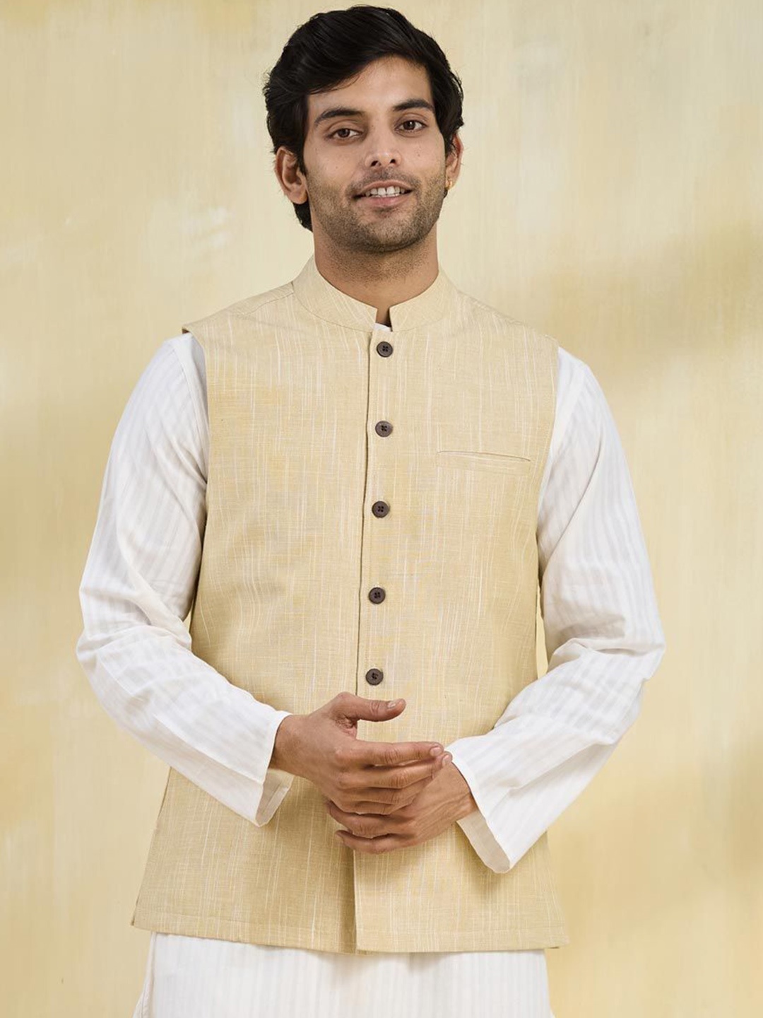 

Fabindia Men Woven Designed Pure Cotton Nehru Jacket, Beige