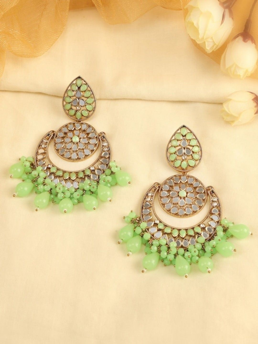 

Anouk Green Gold-Plated Artificial Beads Contemporary Chandbalis Earrings
