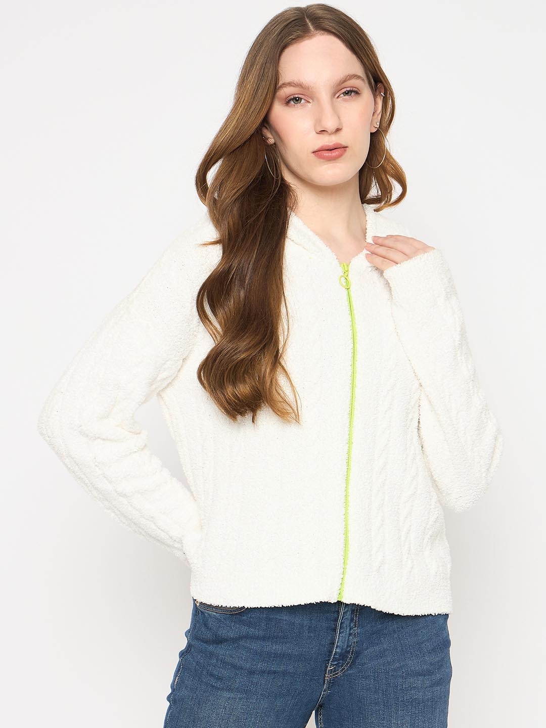 

Madame Women Cable Knit Cardigan with Zip Detail Detail, Off white