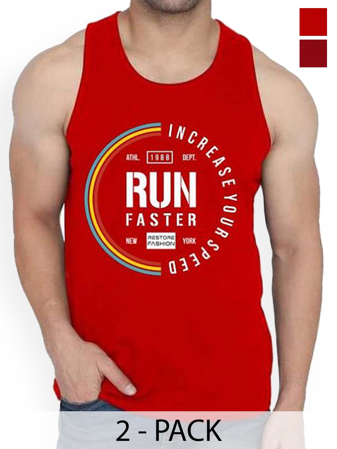 

WOOSTRO Pack Of 2 Cotton Printed Gym Vests, Maroon