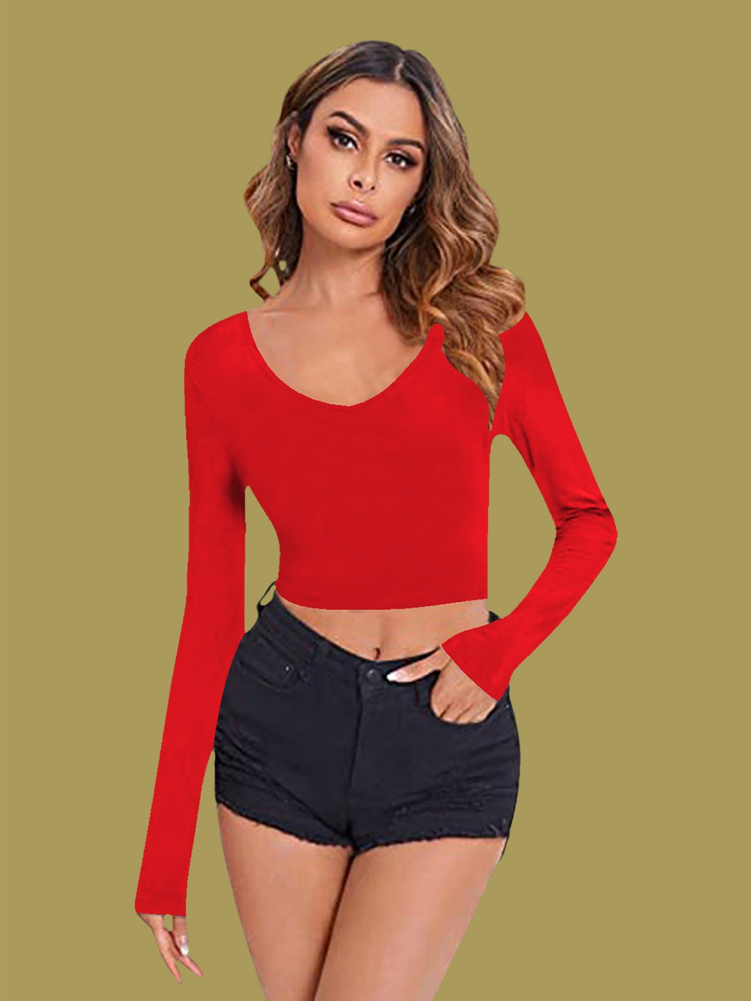 

Dream Beauty Fashion Women V-Neck Fitted Crop Top, Red