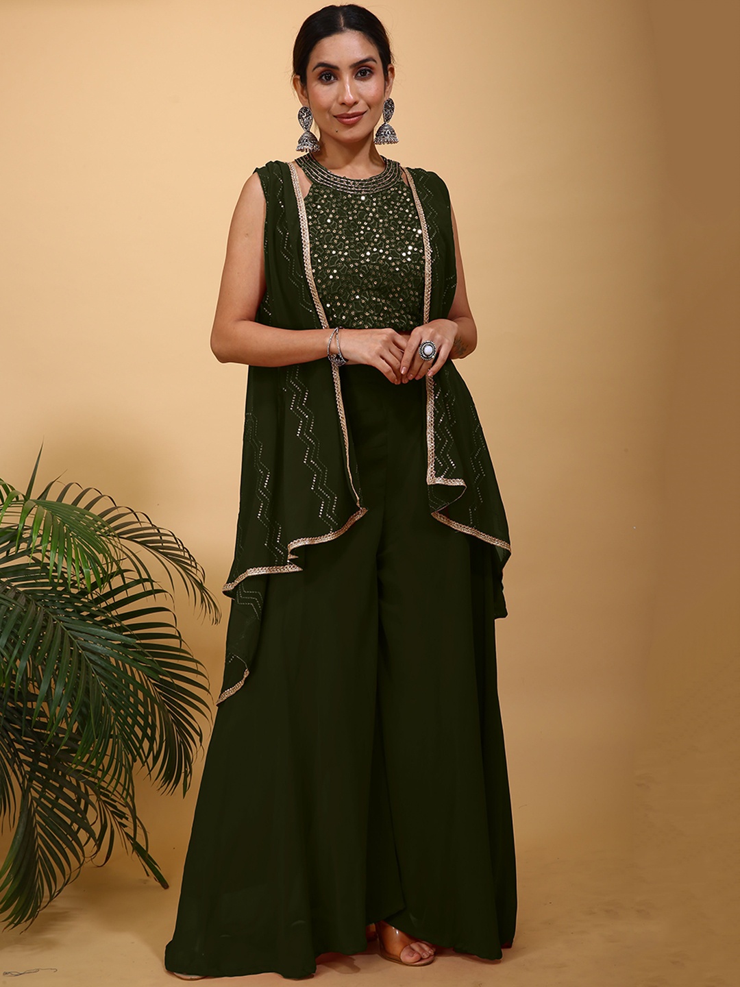 

SANCIA Geometric Embroidered Halter Neck Sequinned Crop Top With Palazzos & Dupatta, Olive