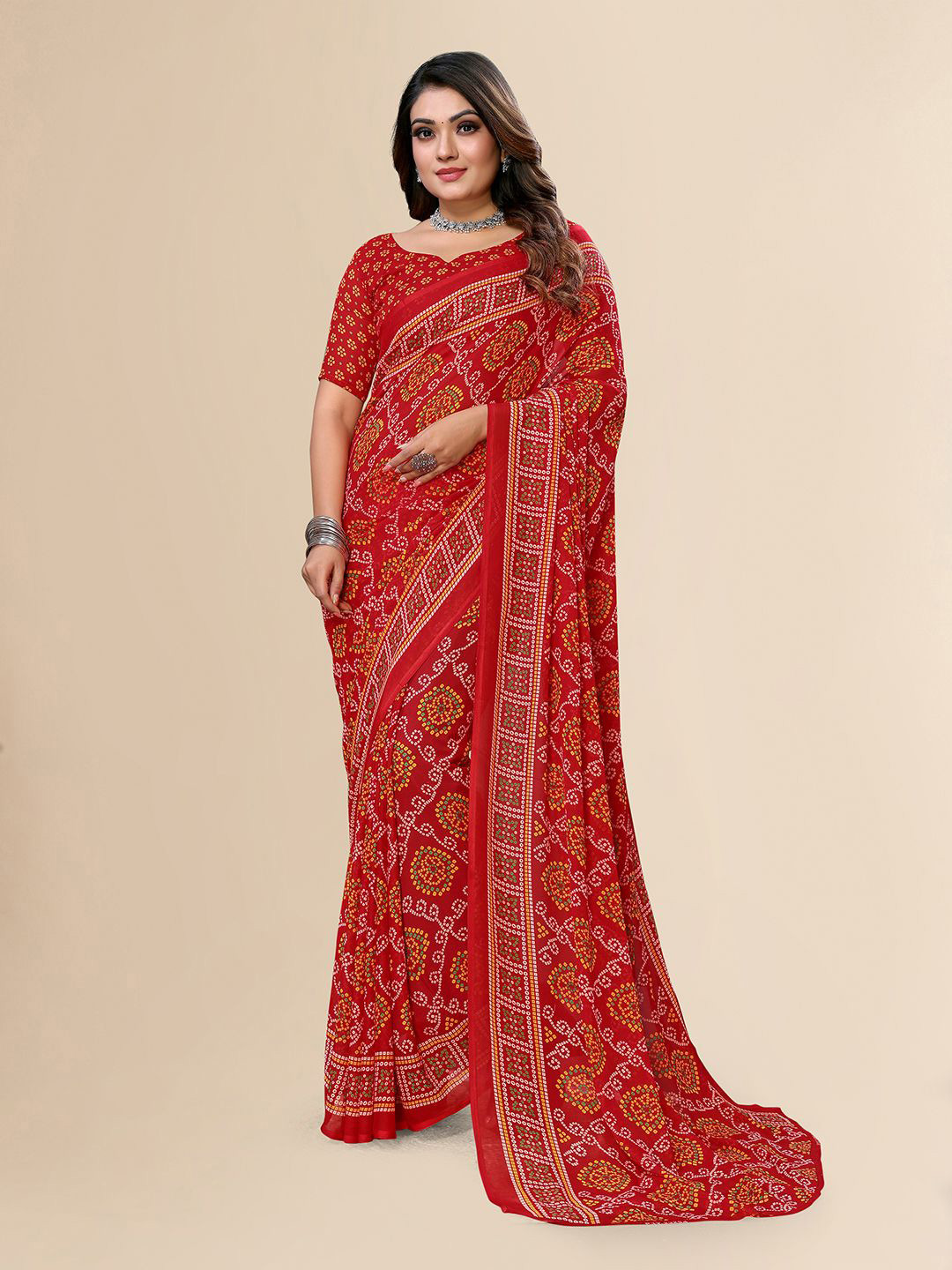 

Moda Rapido Women Bandhani Printed Saree, Red