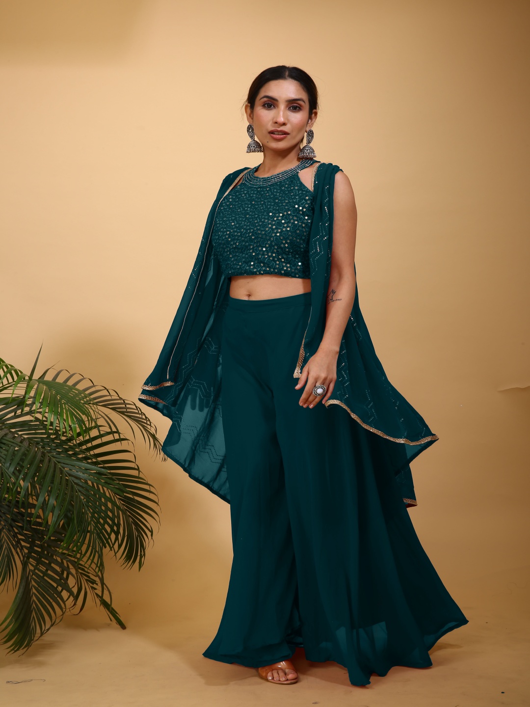 

SANCIA Geometric Embroidered Halter Neck Sequinned Crop Top With Palazzos & Dupatta, Green